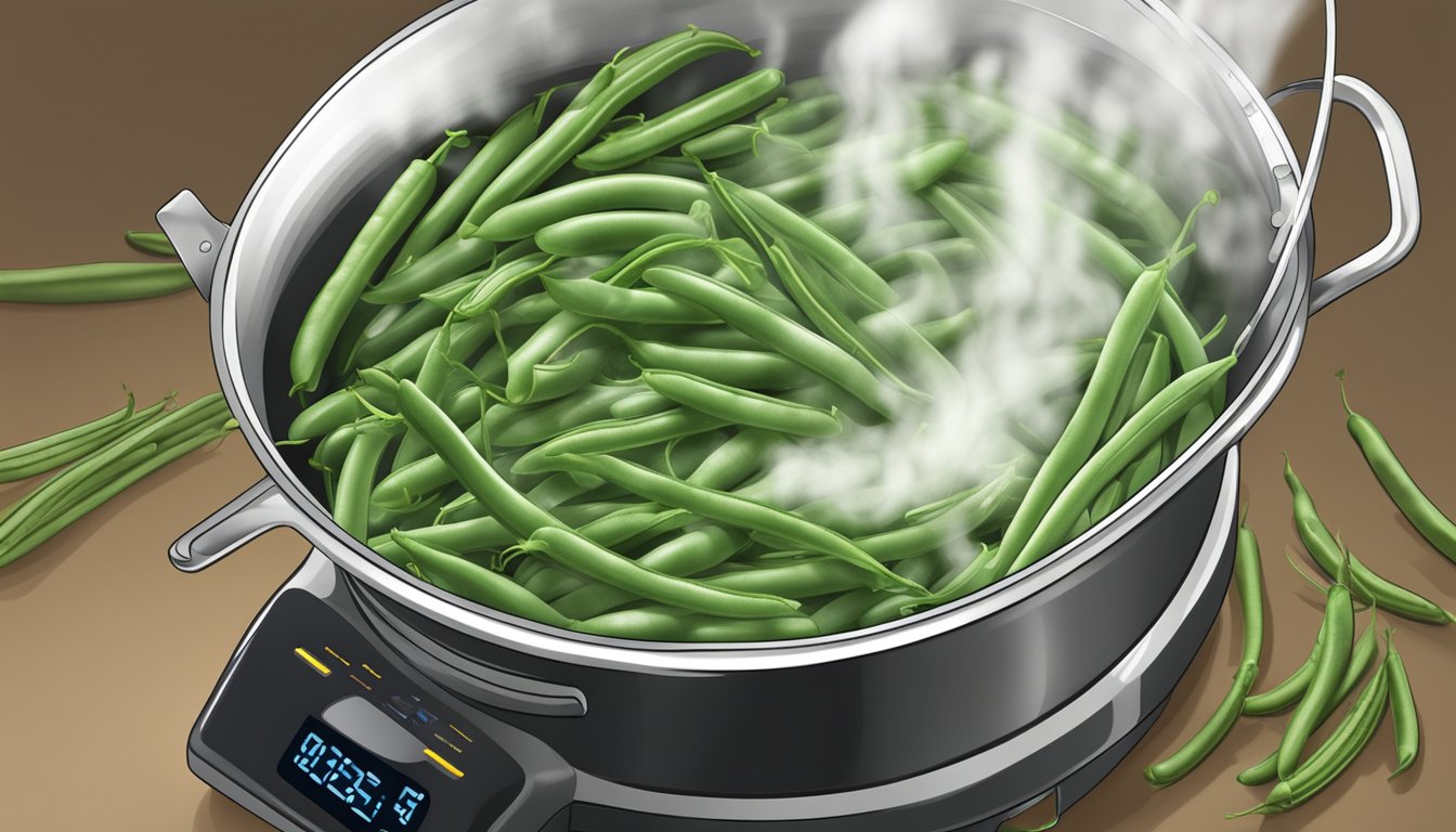 Fresh green beans being dropped into a pot of boiling water, steam rising, with a timer set for the recommended cooking time