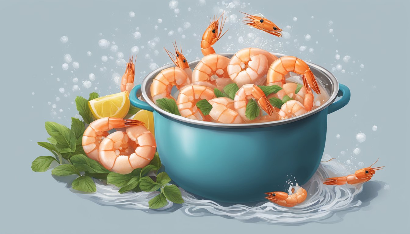 A pot of boiling water with jumbo shrimp being dropped in