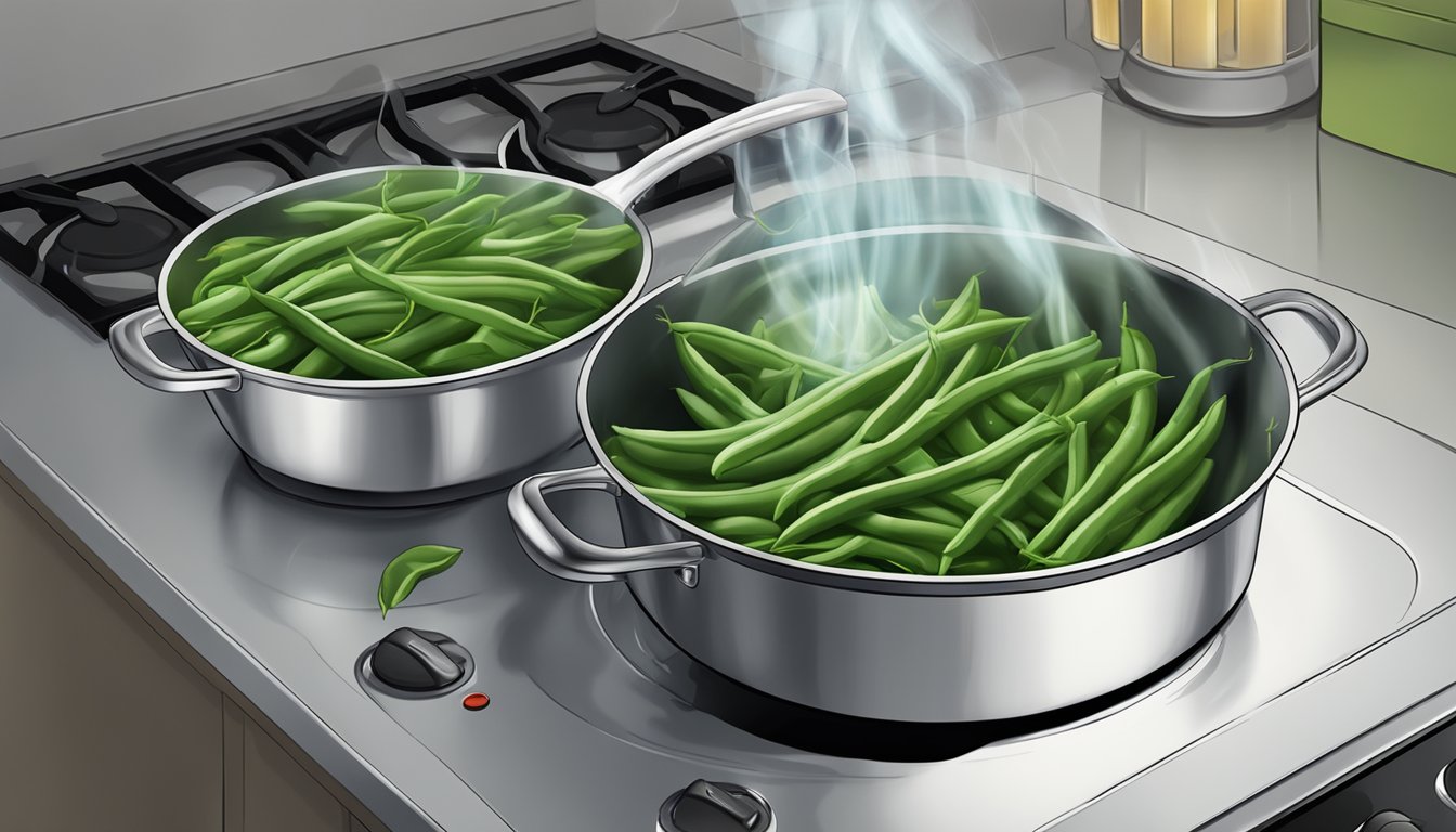 Fresh green beans boiling in a pot of water on a stovetop