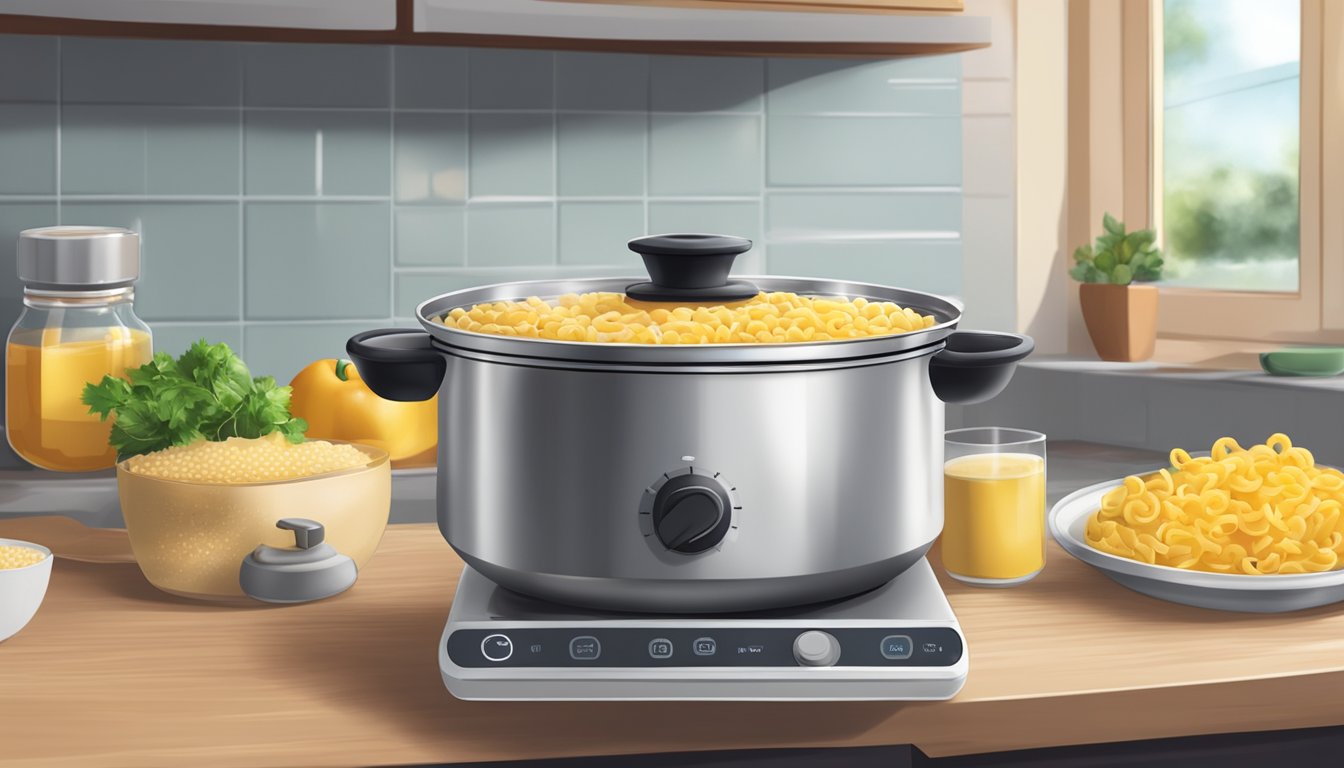 A pot of boiling water with macaroni inside, a timer set for 8-10 minutes, a clean and organized kitchen space with ingredients ready