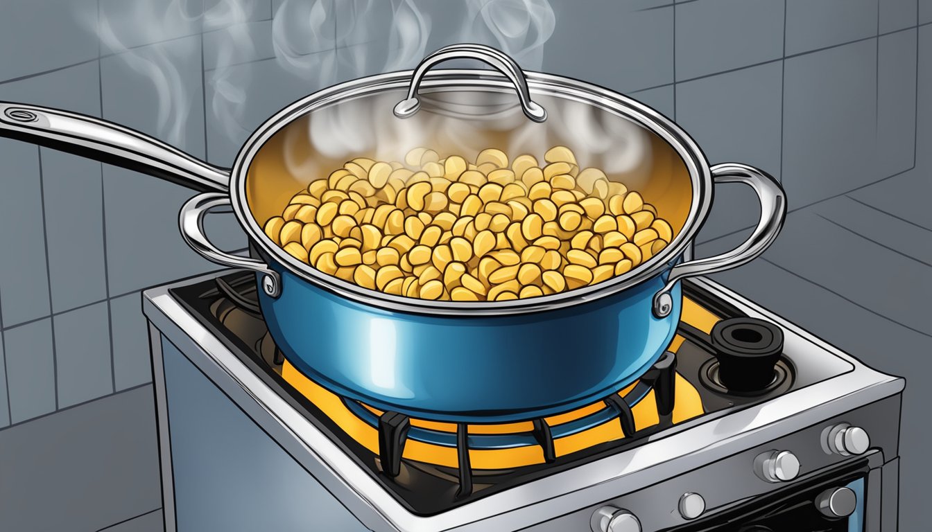 Macaroni boiling in a pot of bubbling water on a stovetop