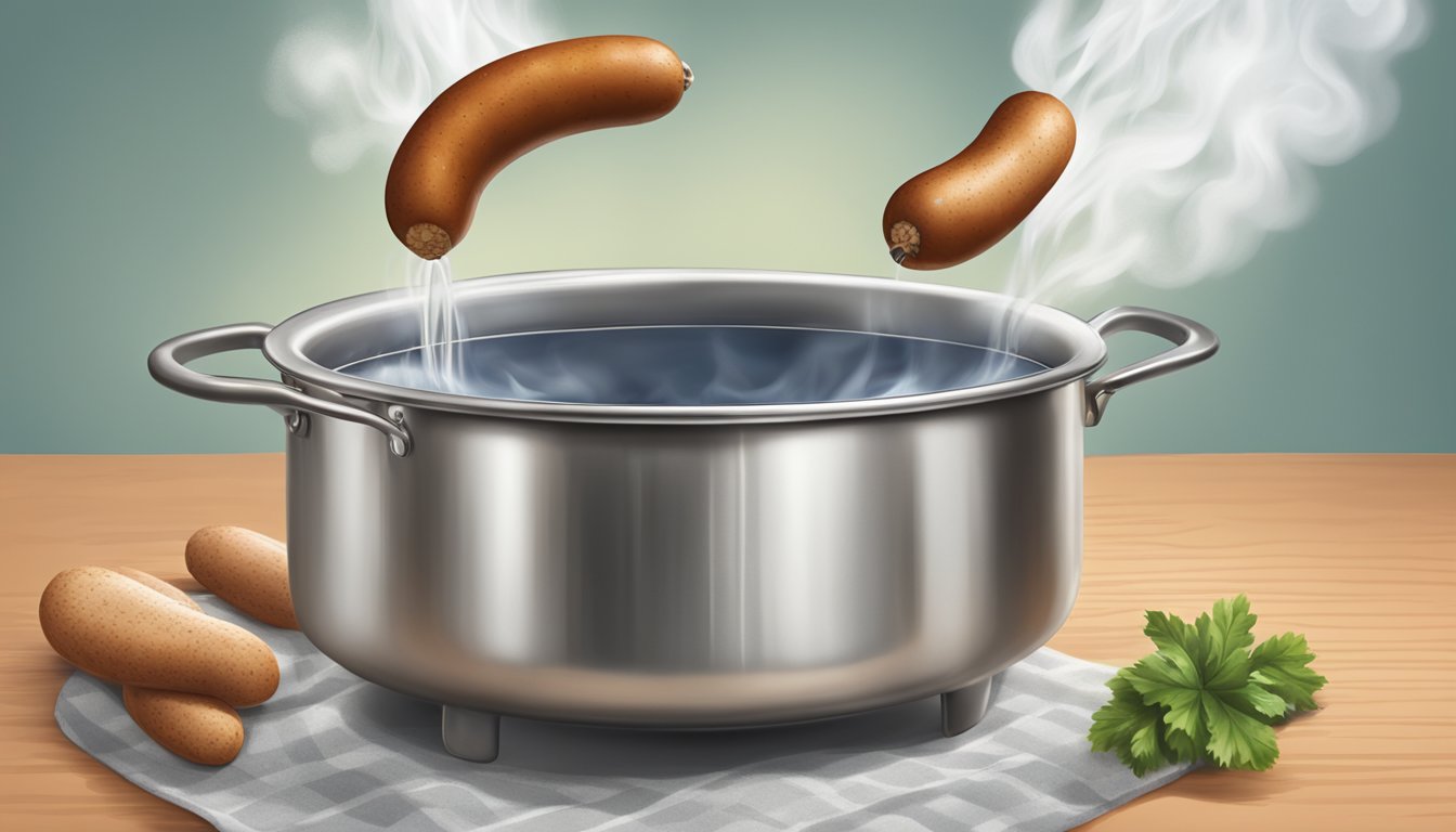 A pot of boiling water with Polish sausage being dropped in