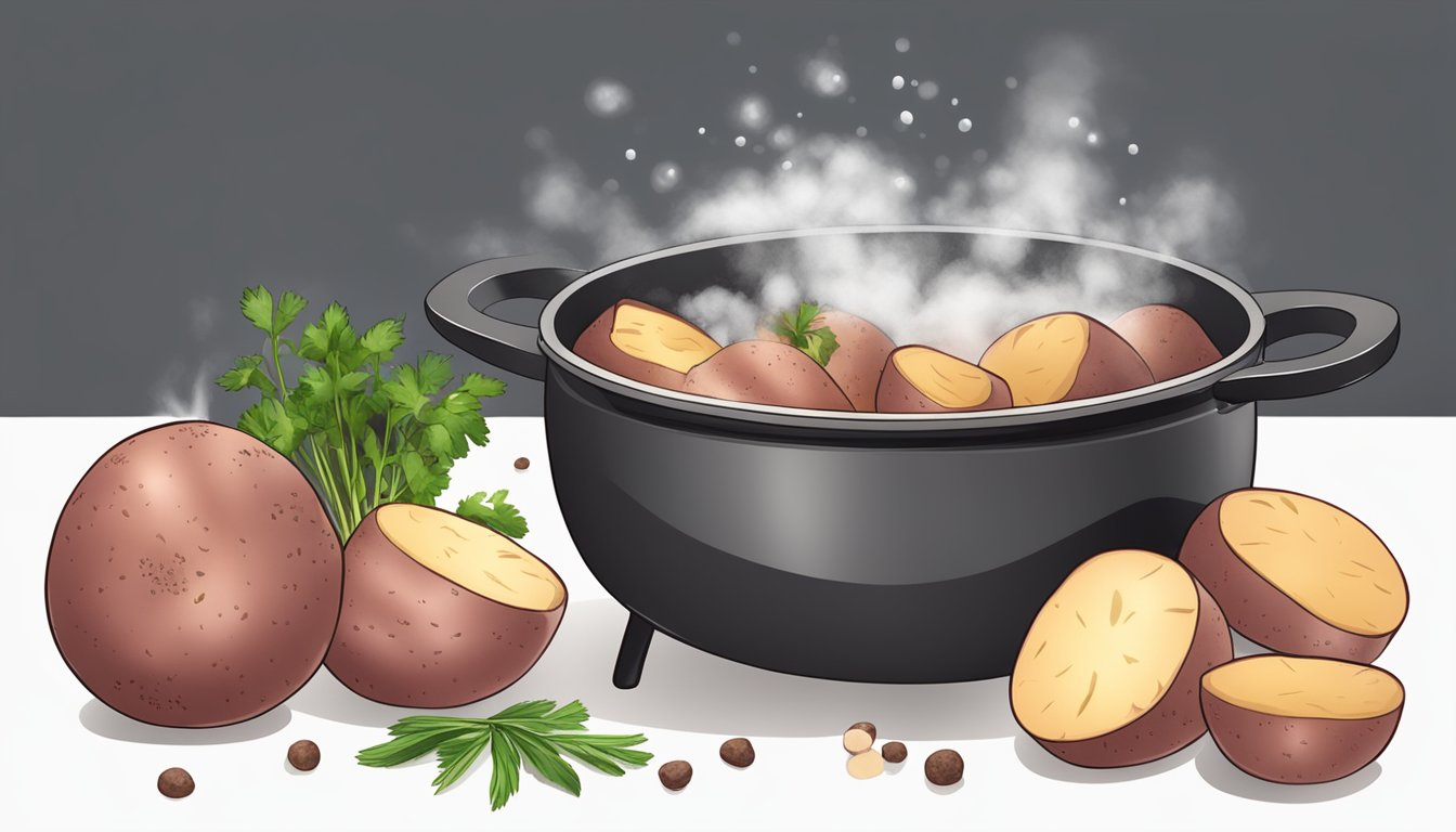 Red potatoes boiling in a pot of water, steam rising, with a variety of seasonings and flavorings scattered nearby