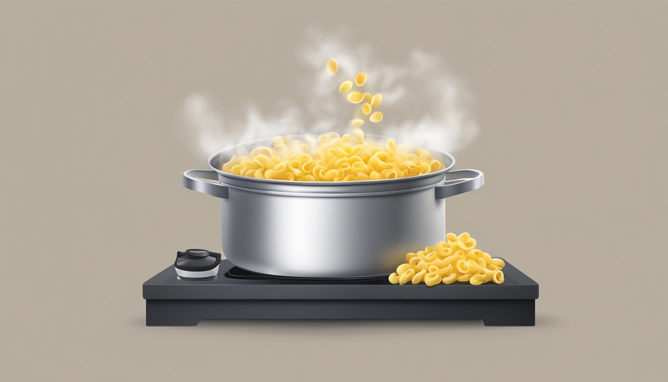 A pot of boiling water with macaroni inside, steam rising