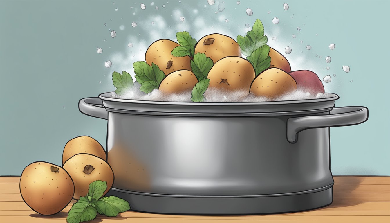 A pot of boiling water with red potatoes being dropped in