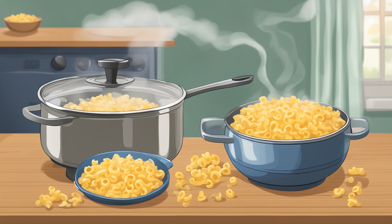 A pot of boiling water with macaroni inside, a timer set, and a steaming bowl of classic mac and cheese on a table