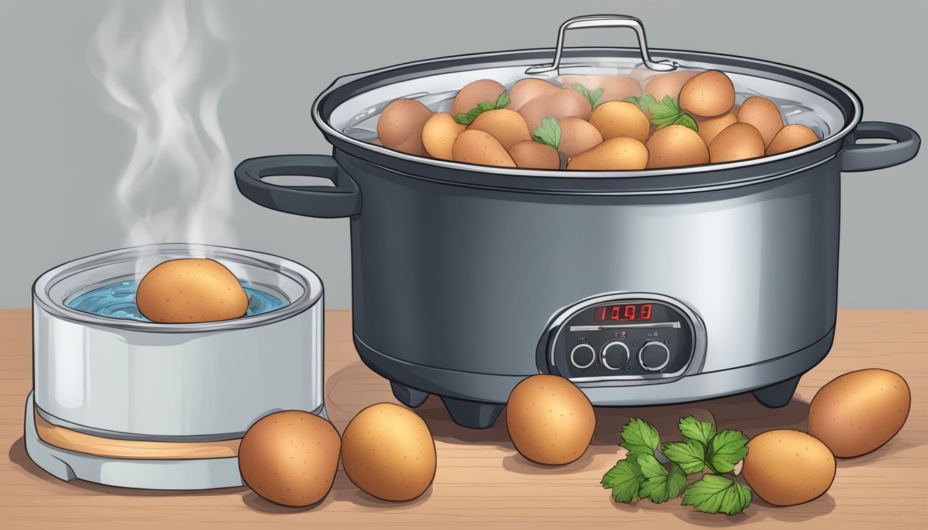 A pot of boiling water with red potatoes inside, a timer next to it