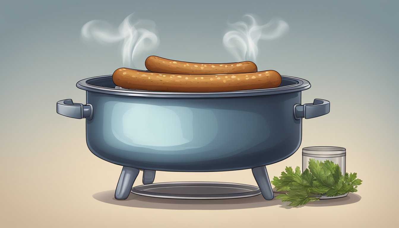 A pot of boiling water with Polish sausages inside, steam rising