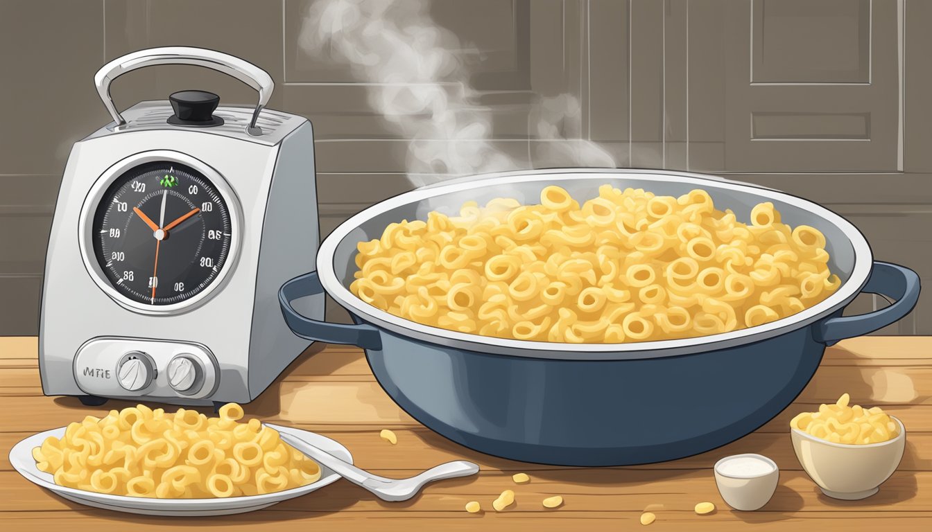 A pot of boiling water with macaroni inside, a timer set for the perfect cook time, and a bowl of creamy mac and cheese next to it