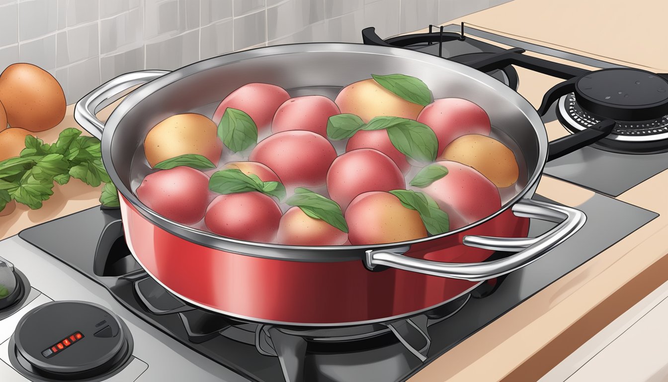 Red potatoes boiling in a pot of water on a stovetop, steam rising, with a timer set nearby