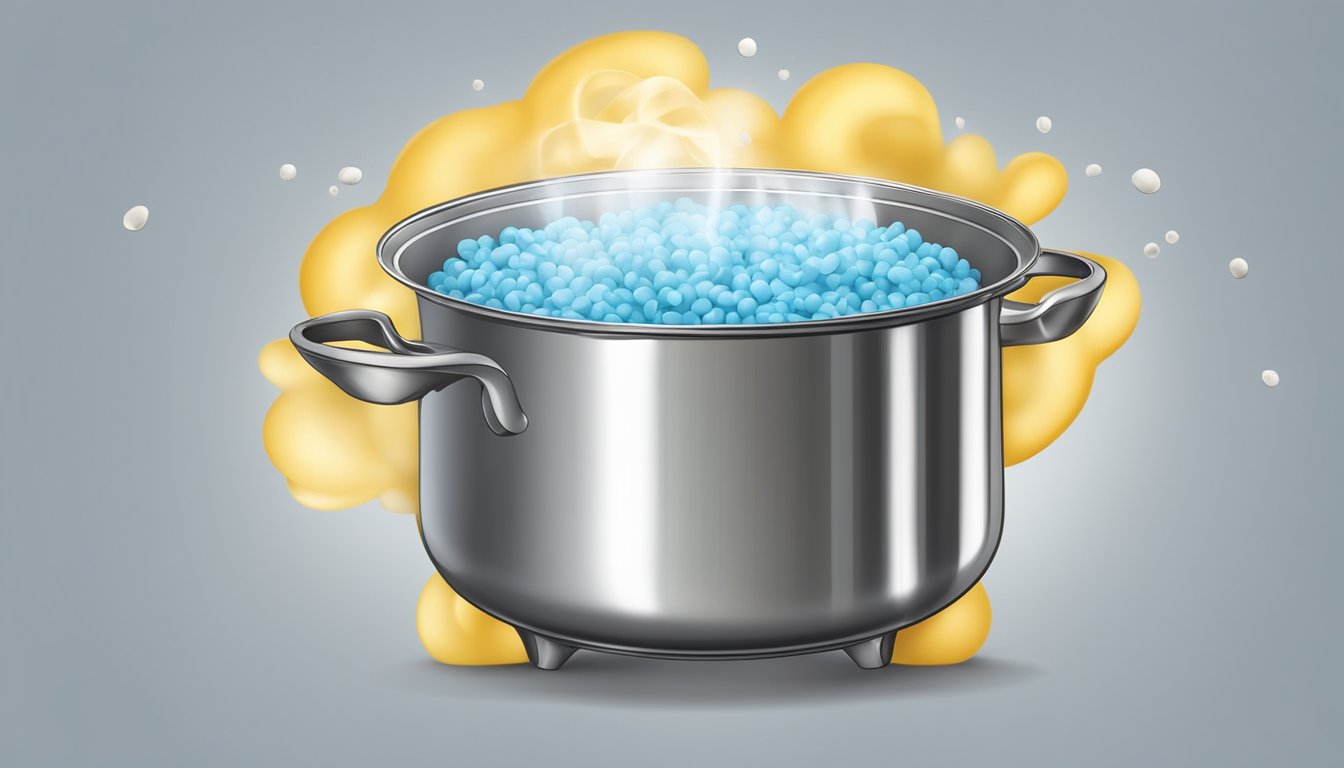 A pot of boiling water with macaroni inside, steam rising