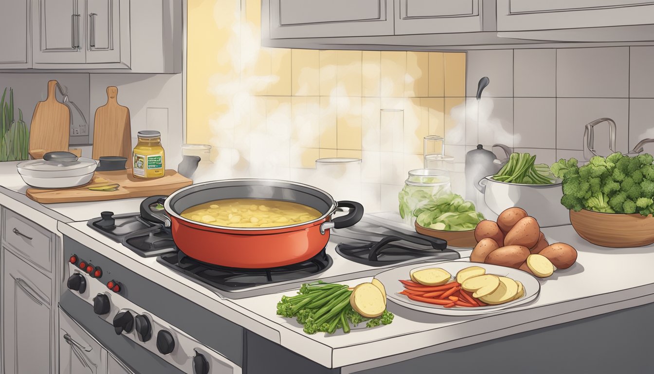 Red potatoes boiling in a pot of water on a stove, steam rising, surrounded by ingredients like mayonnaise, mustard, and chopped vegetables on a kitchen counter