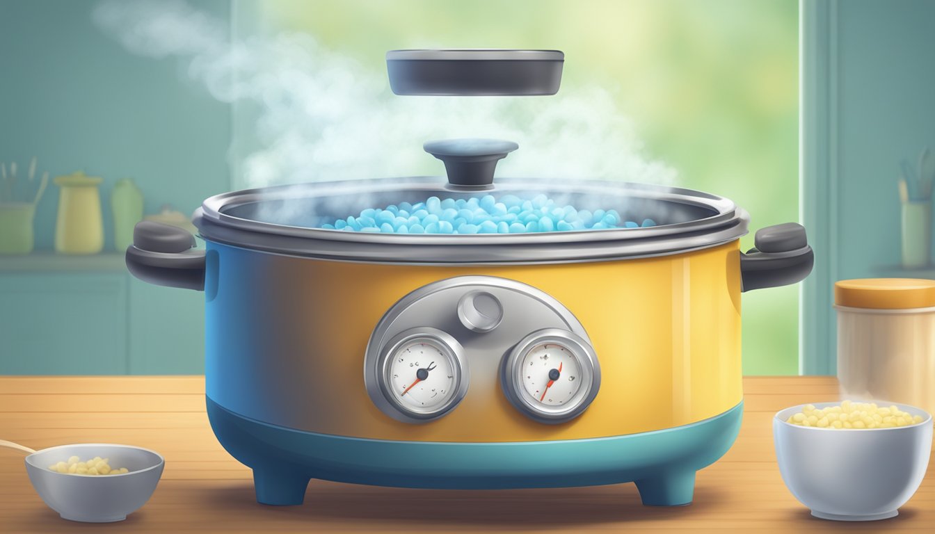 A pot of boiling water with macaroni inside, steam rising, a timer set for the perfect al dente texture