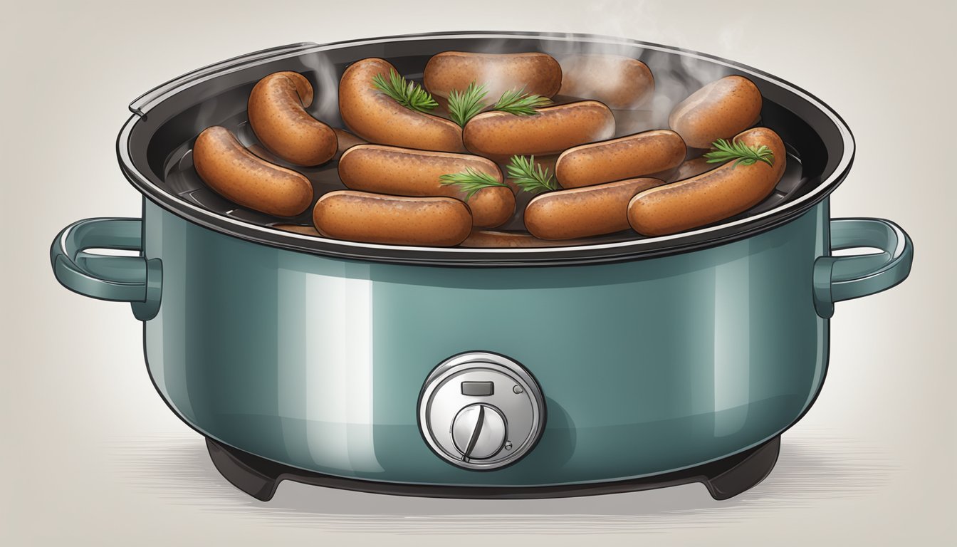 A pot of boiling water with polish sausages inside, steam rising