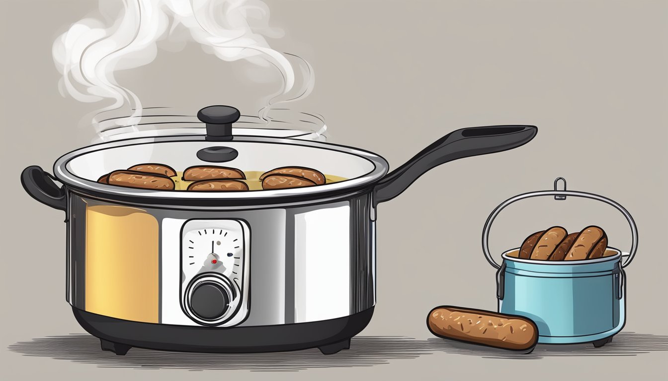 A pot of boiling water with Polish sausages inside, steam rising. A timer set next to the pot