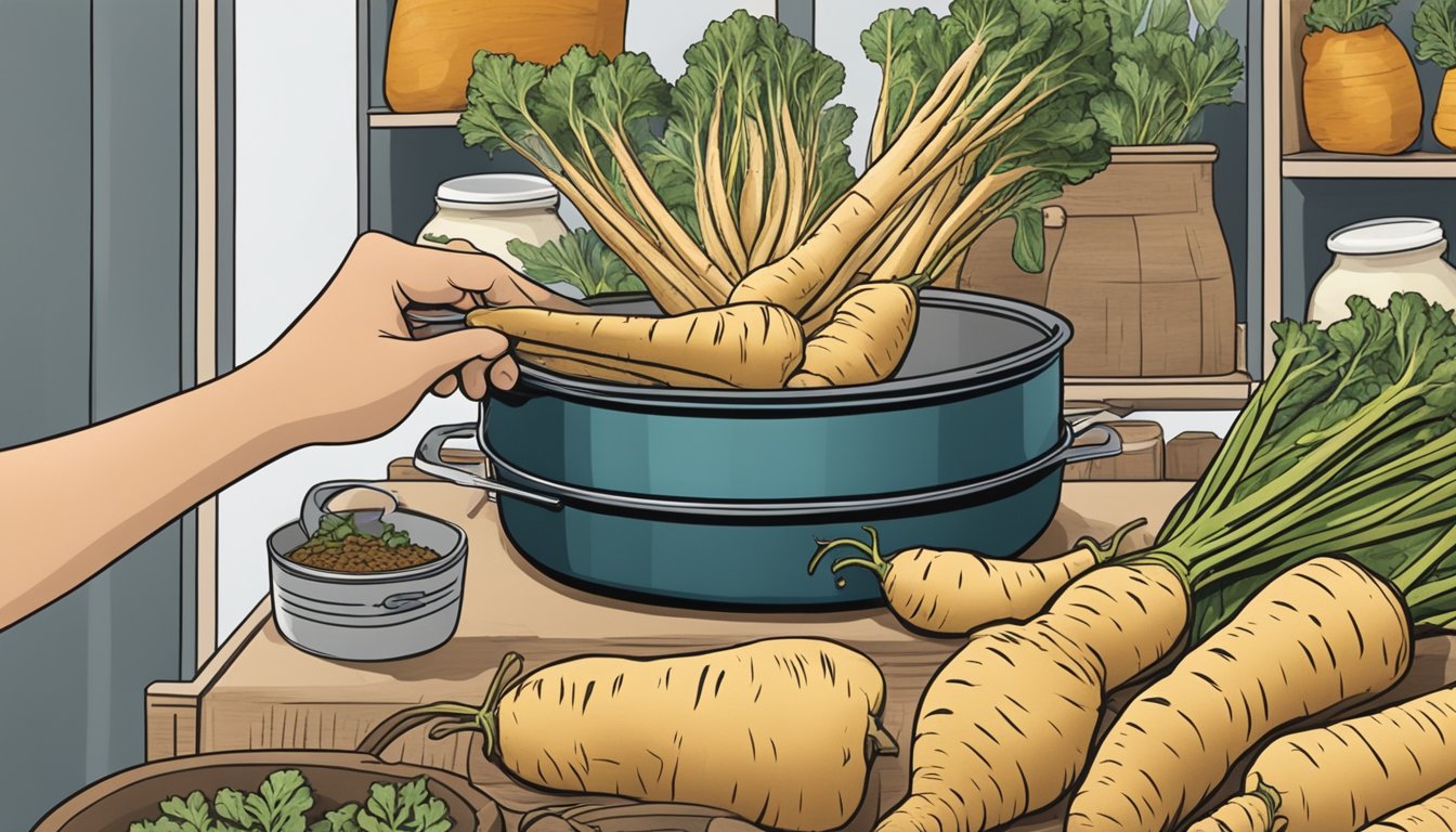 A hand reaching for parsnips in a market display, with a pot and roasting pan nearby