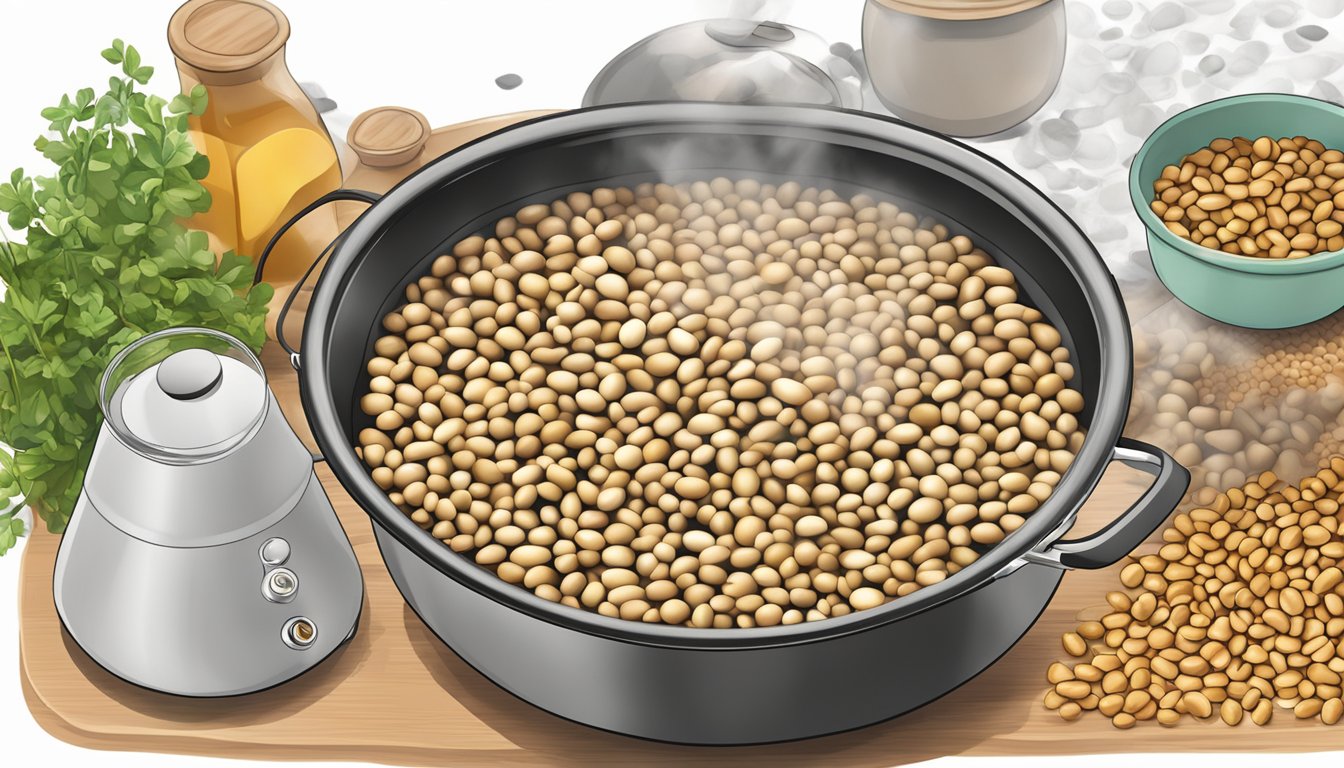 A pot of boiling water with black-eyed peas being added