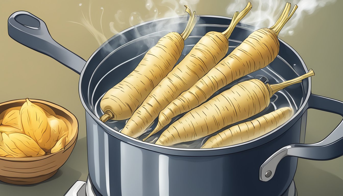 Parsnips boiling in a pot of water on a stovetop, steam rising