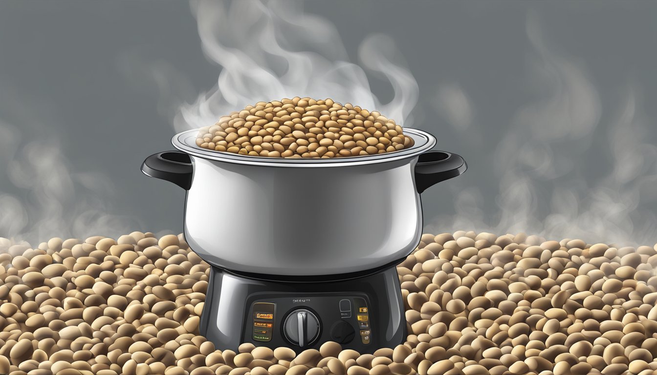 A pot of boiling water with black-eyed peas inside, steam rising