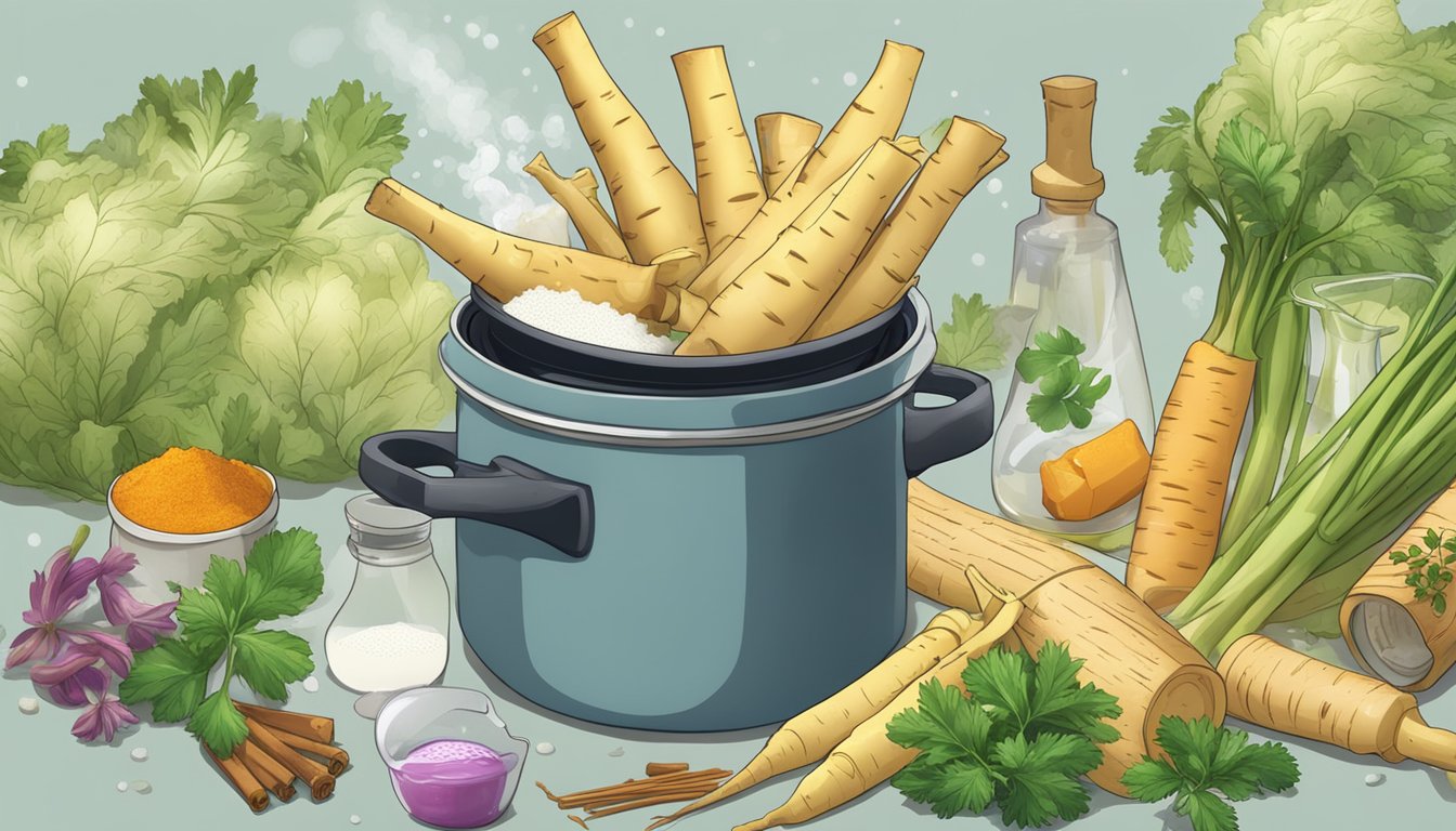 Parsnips boiling in a pot of water, steam rising, with various seasoning and flavoring containers scattered nearby