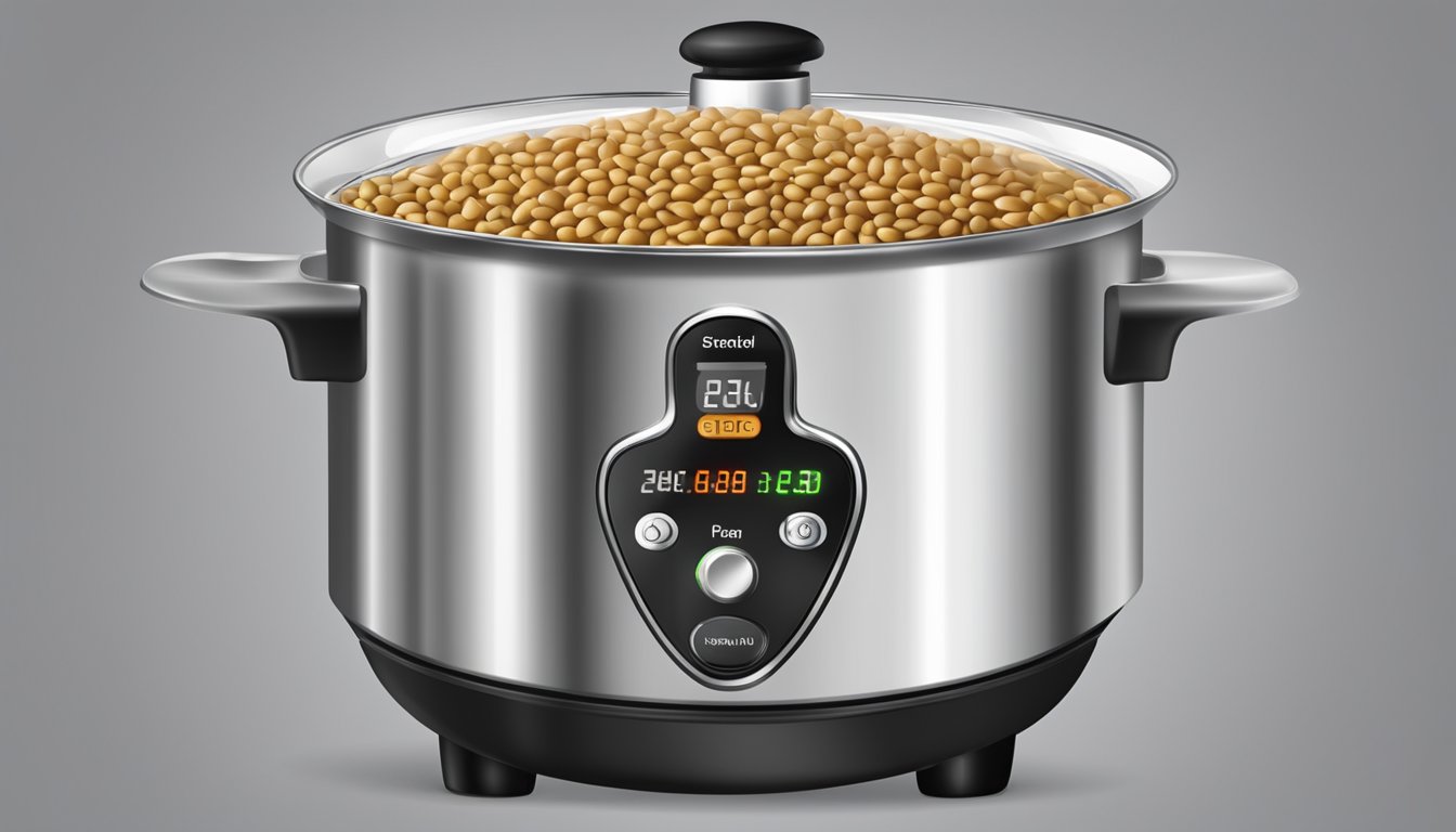 A pot of boiling water with black eyed peas inside, a timer set for the ideal cooking time