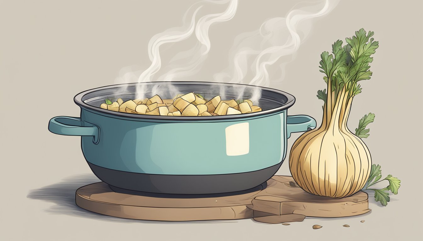 A pot of boiling water with parsnips floating inside, steam rising