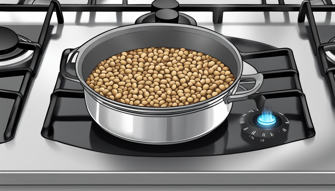 A pot of black eyed peas boiling on a stovetop, steam rising, with a timer set nearby