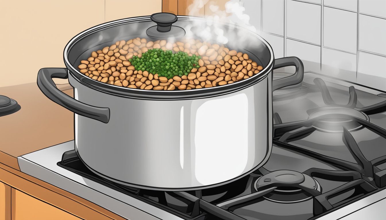 A pot of boiling black eyed peas on a stove, steam rising. Ingredients like carrots, celery, and herbs nearby