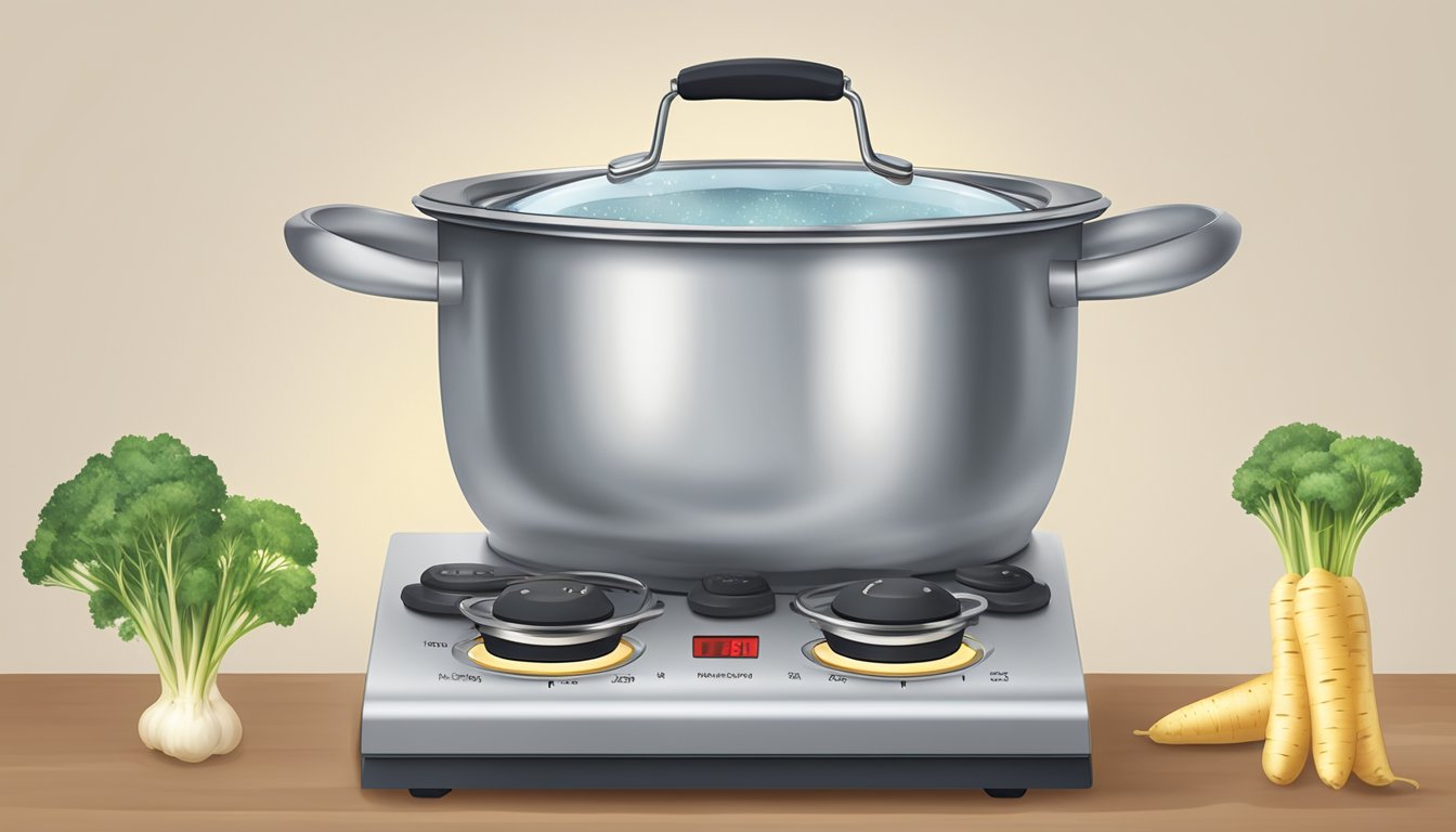 A pot of boiling water with parsnips floating inside, a timer set nearby