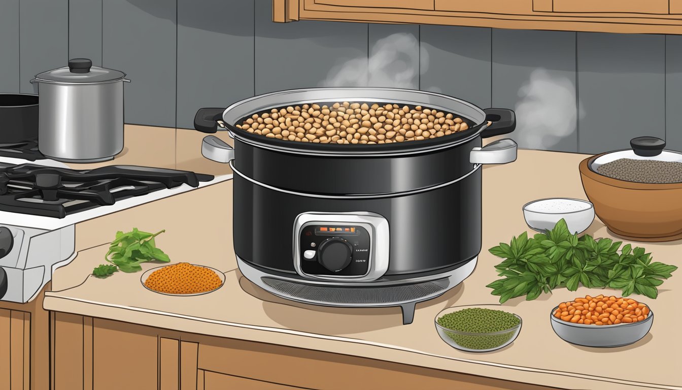 A pot of black eyed peas boiling on a stove, with a timer set nearby. A bowl of seasonings and herbs sits next to it for pairing