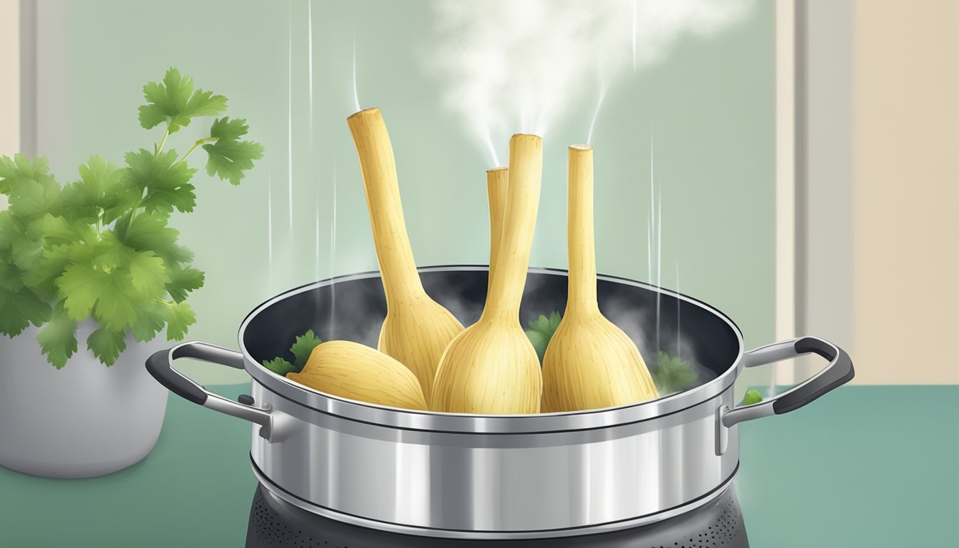 Parsnips being boiled in a pot of water, steam rising, with a timer set nearby