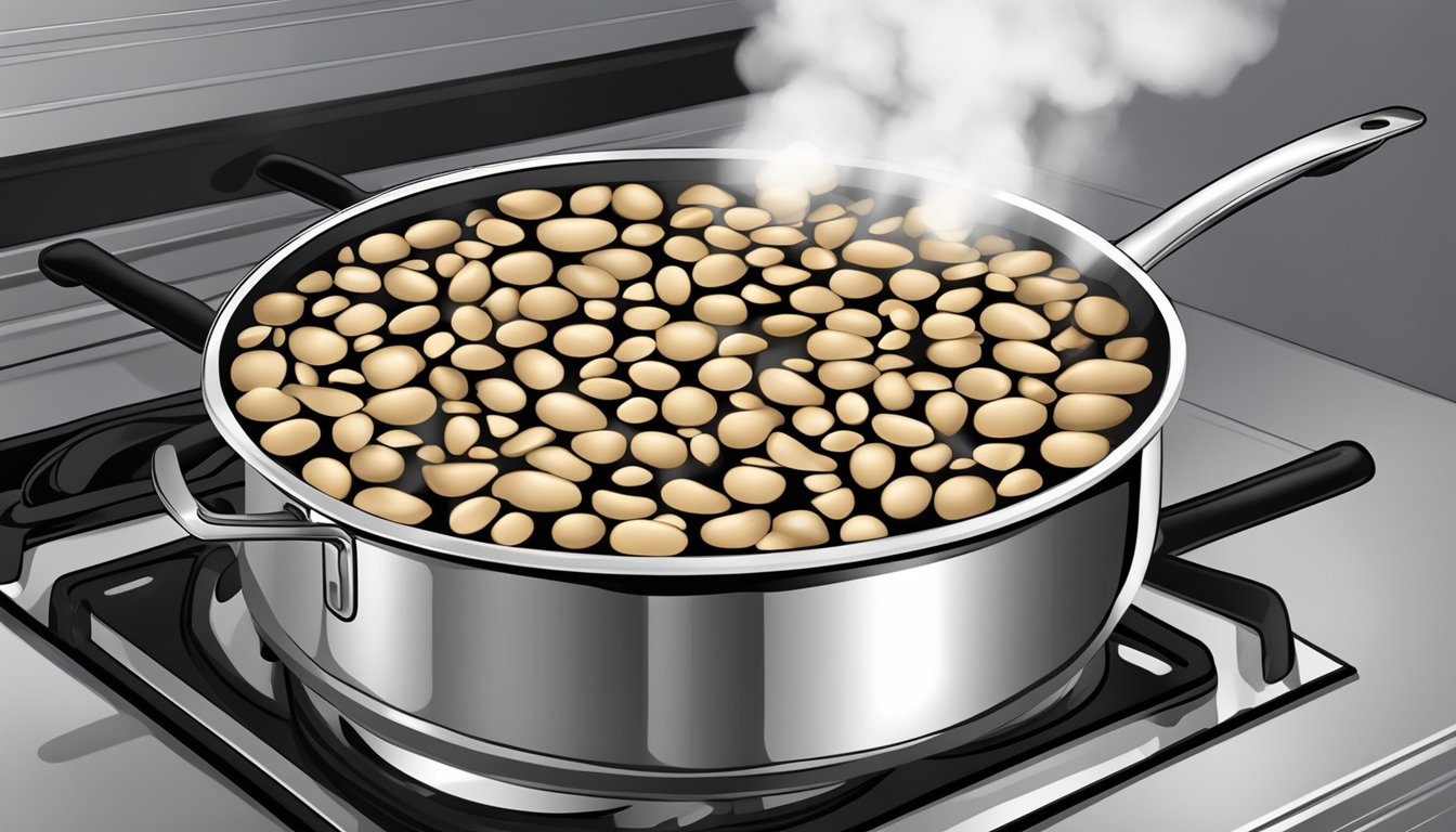 A pot of boiling black eyed peas on a stovetop, steam rising