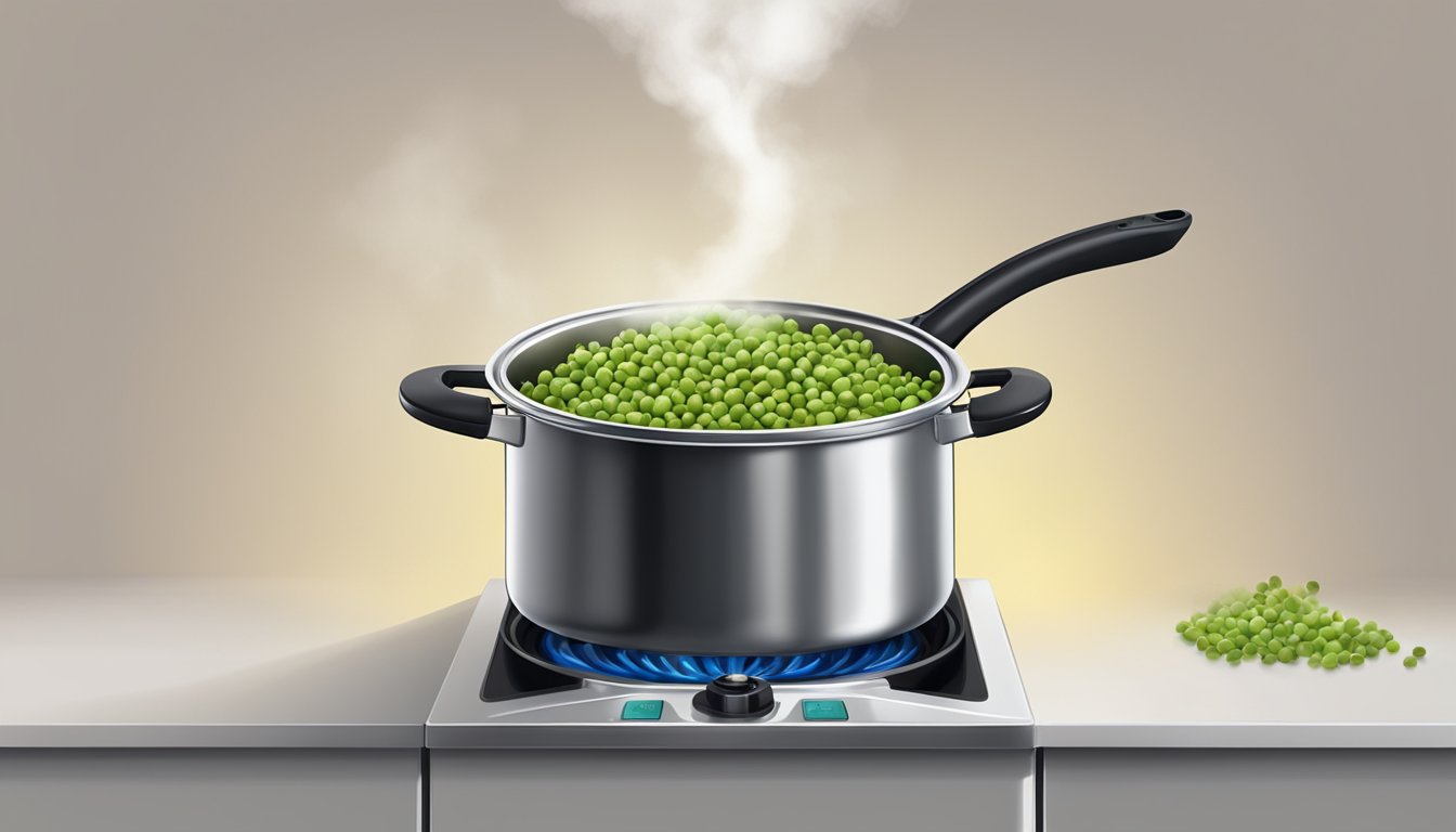 A pot of split peas boiling on a stovetop, steam rising from the bubbling water