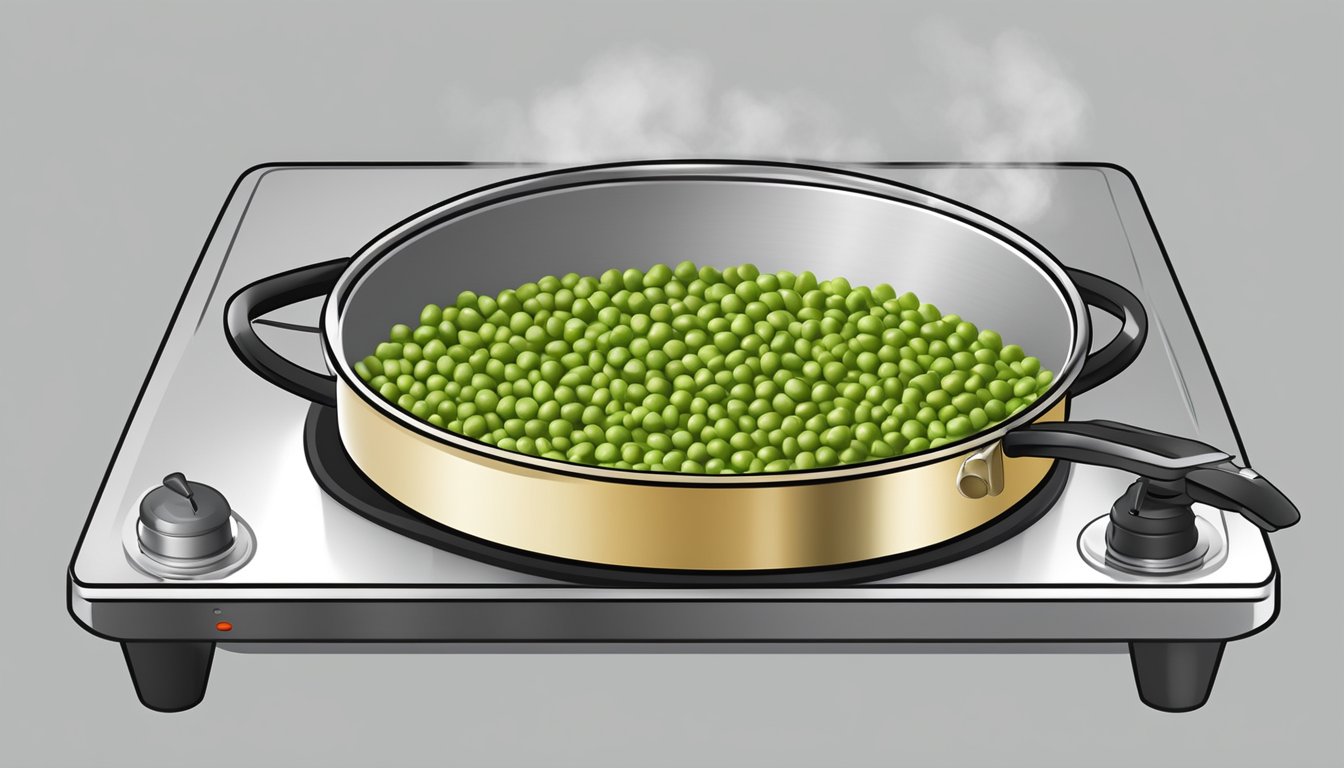 A pot of split peas boiling on a stove, with a timer set for the recommended cooking time