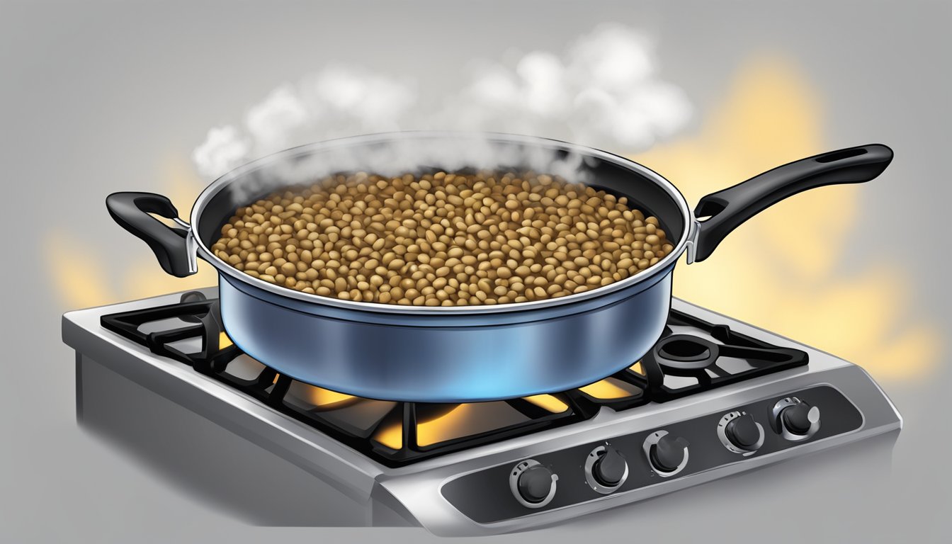 A pot of black eyed peas boiling on a stove, steam rising