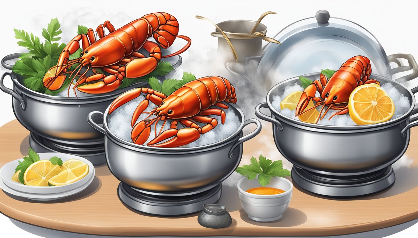 A pot of boiling water with lobster tails inside, steam rising, and a platter with garnishes ready for presentation