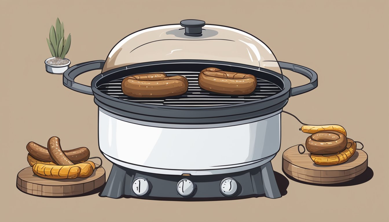 A pot of boiling water on a grill, with bratwurst submerged and bubbling. A timer set nearby