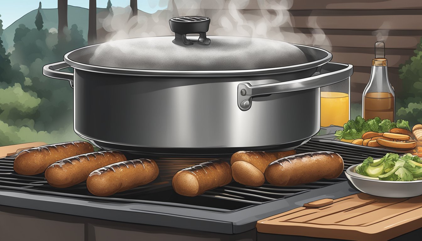 A pot of boiling water with bratwurst simmering inside, steam rising, and a grill waiting in the background