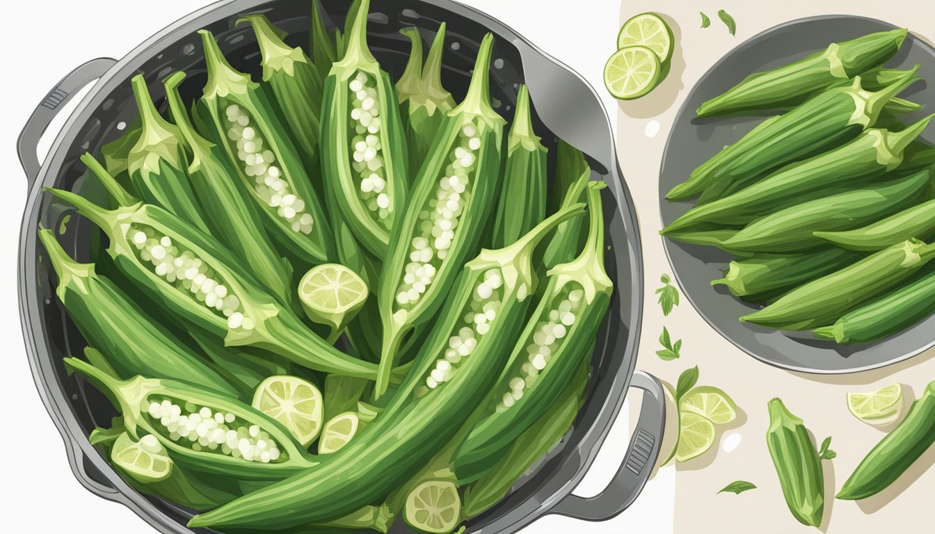 Okra being dropped into boiling water, timer set