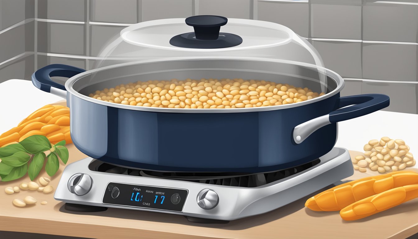 Navy beans simmering in a pot of boiling water on a stovetop