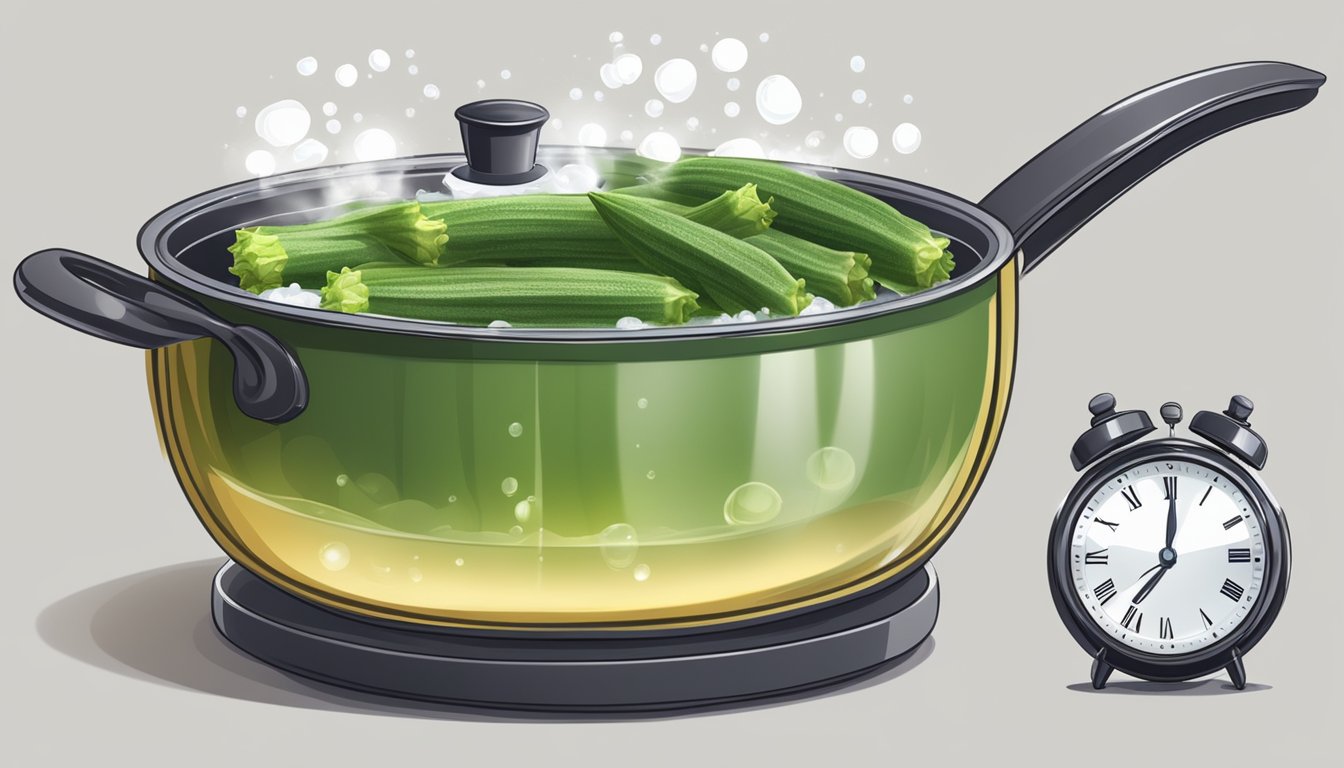 Okra in a pot of boiling water, timer set. Steam rising, bubbles forming. A watchful eye on the clock