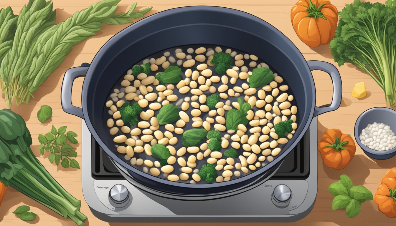 A pot of navy beans boiling on a stove, surrounded by various vegetables and herbs for flavoring