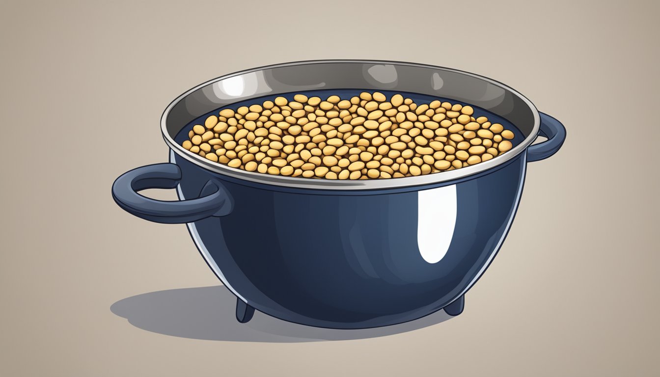 A pot of boiling water with navy beans cooking inside