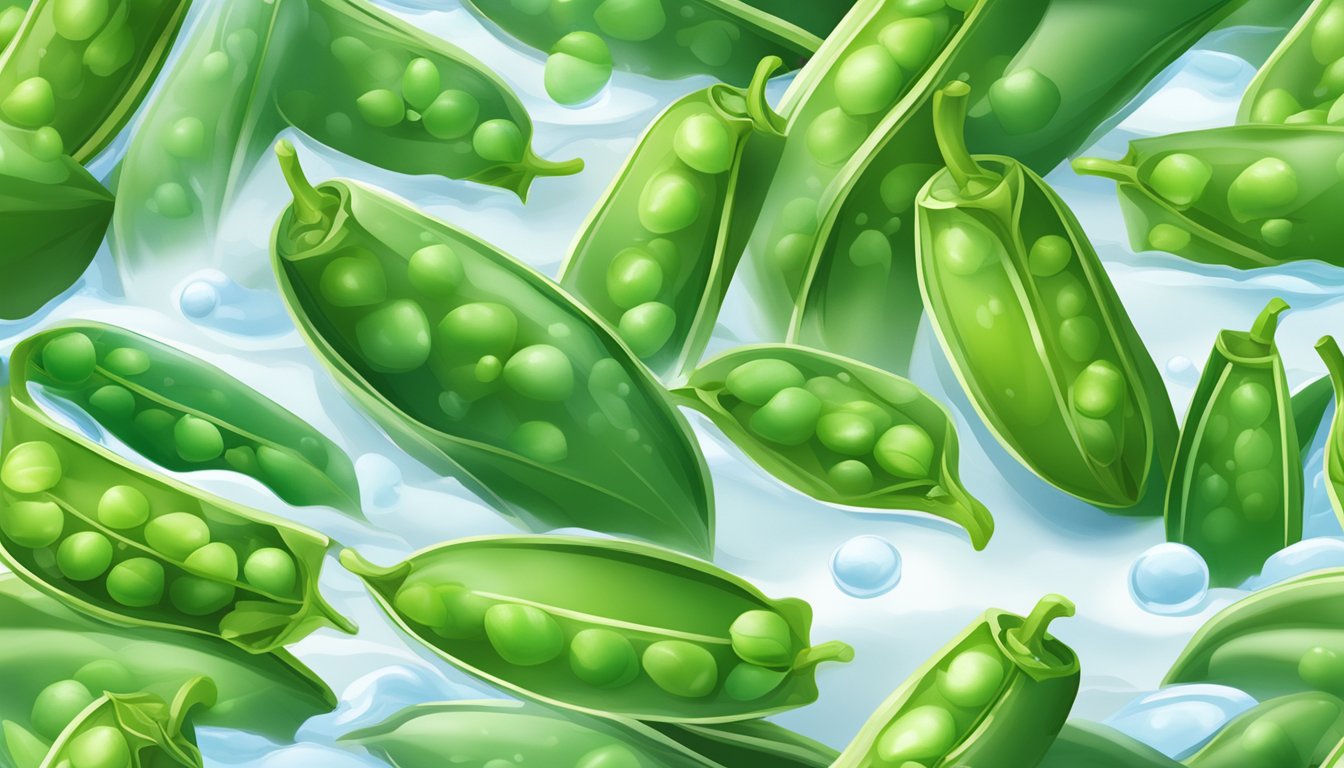 Snow peas boiling in a pot of water, steam rising, vibrant green color and crisp texture