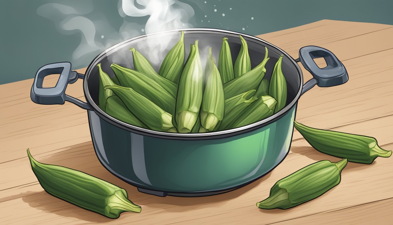 A pot of boiling okra with a timer set, steam rising