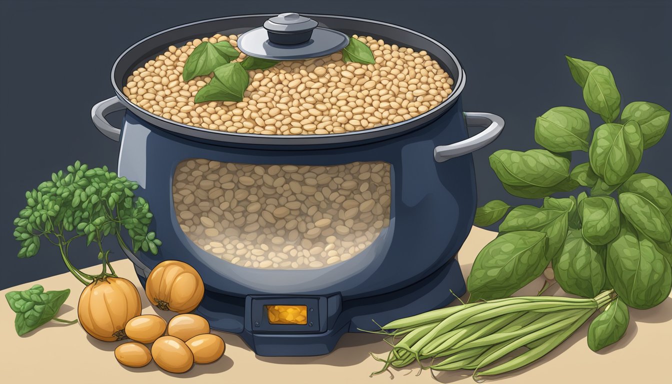 Navy beans boiling in a pot with other legumes next to it