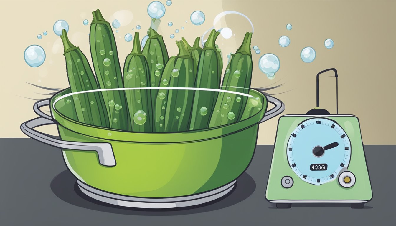 A pot of boiling okra with bubbles forming on the surface, steam rising, and a timer set for the recommended time