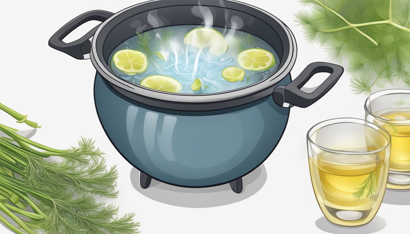 A pot of boiling water with fennel floating inside, emitting a fragrant anise aroma