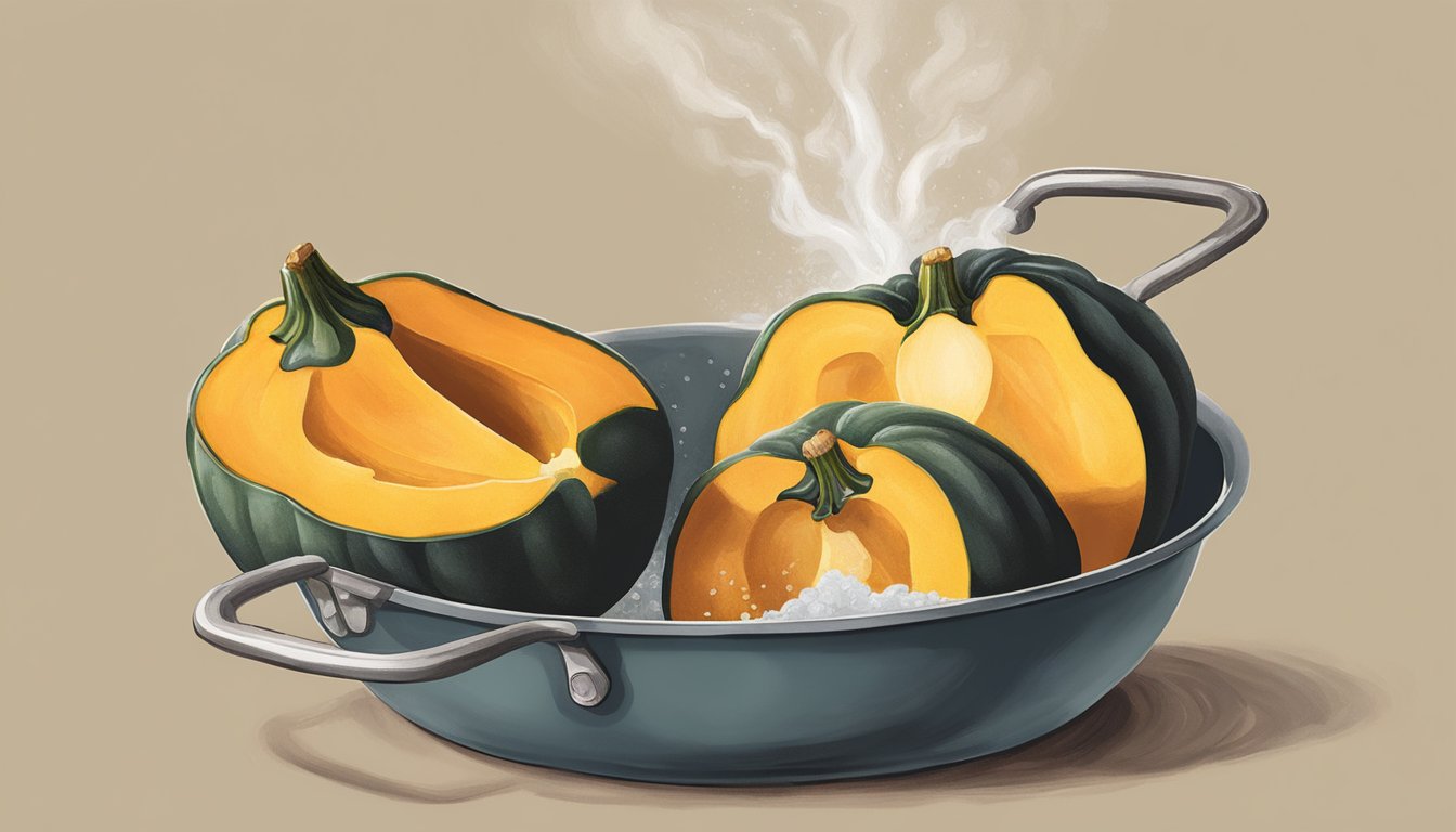 A pot of boiling water with acorn squash being lowered in