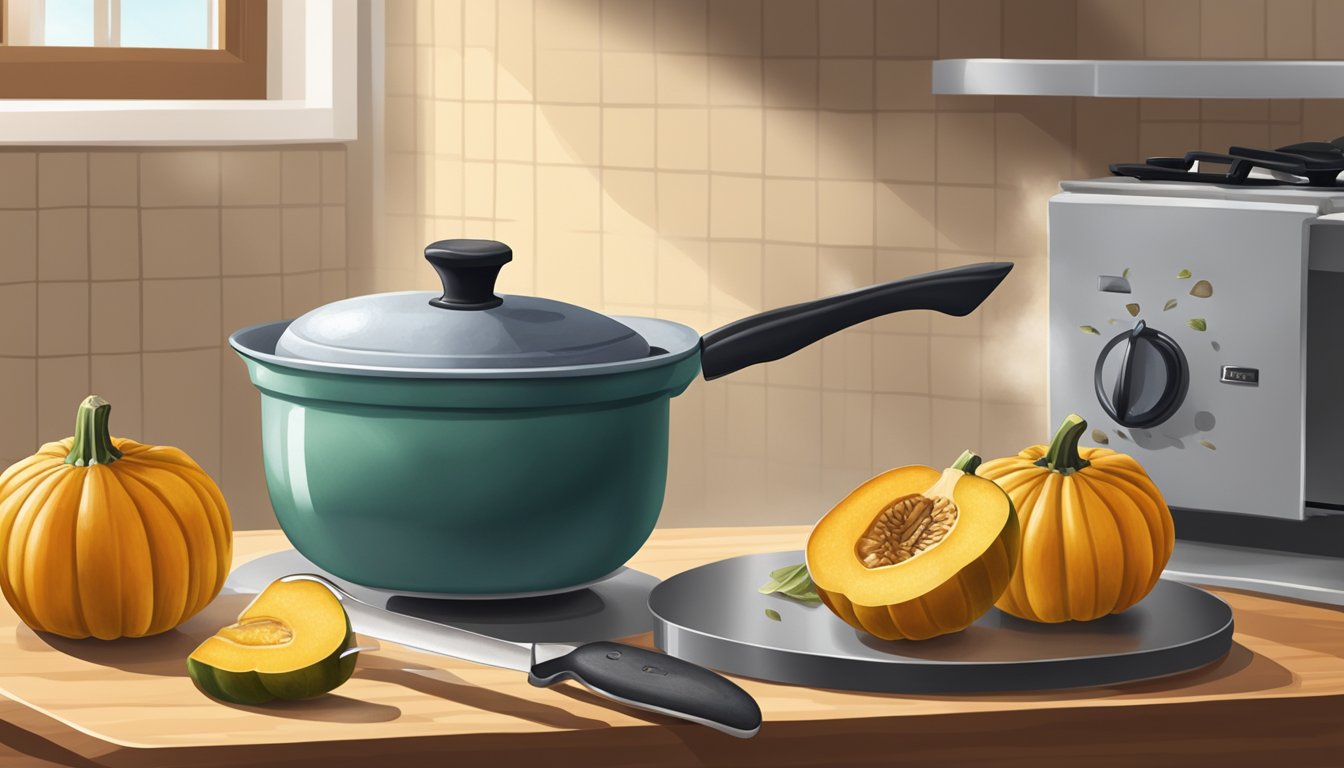 A pot of water boiling on the stove, with a whole acorn squash sitting on a cutting board next to a knife and spoon